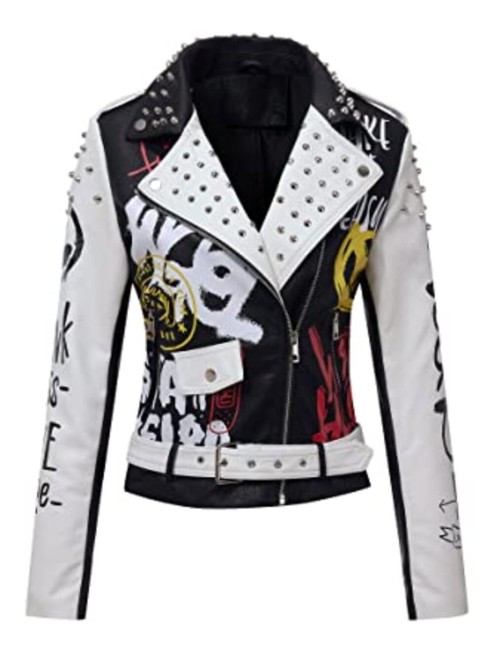 🆕 Women Faux Leather Studded Jacket,Moto Biker Trendy Streetwear Belted